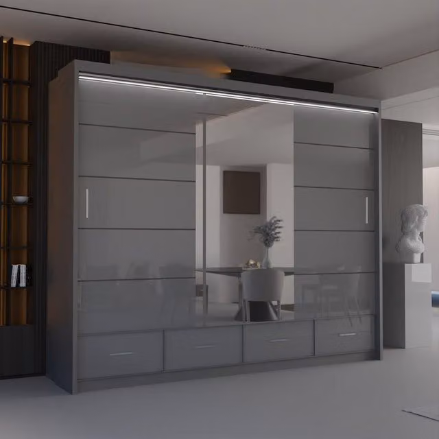 Sliding Wardrobes 4U Luxury High Gloss Sliding Wardrobe with LED Light, Grey, W: 255 cm, H: 220 cm – 1
