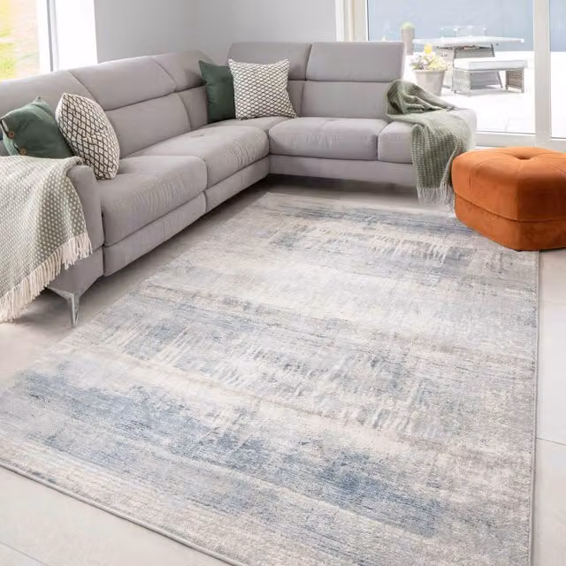 The Rug House Abstract Modern Living Area Rug in Blue, Silver and Grey, W: 150 cm, D: 80 cm