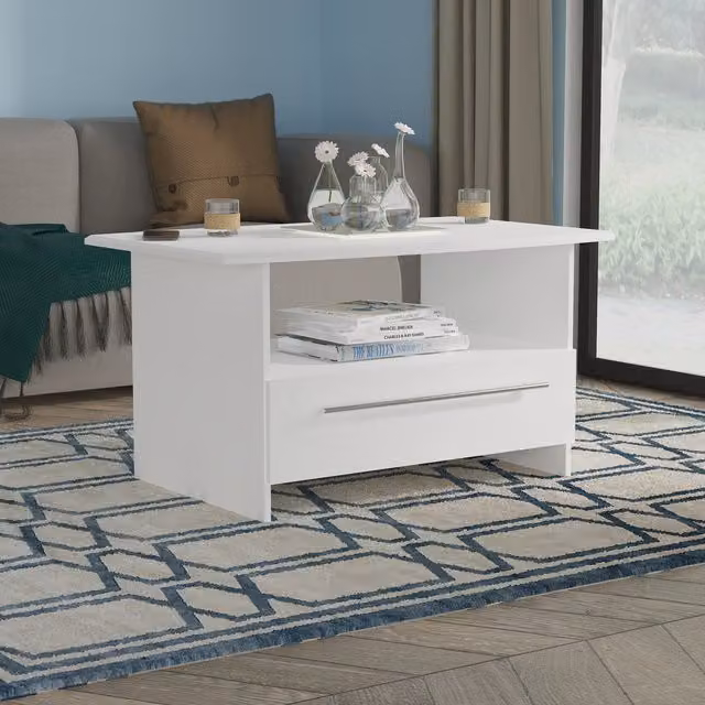 Sherwood Ready Assembled Modern Rectangular Coffee Table with Bottom Drawer in White Matt