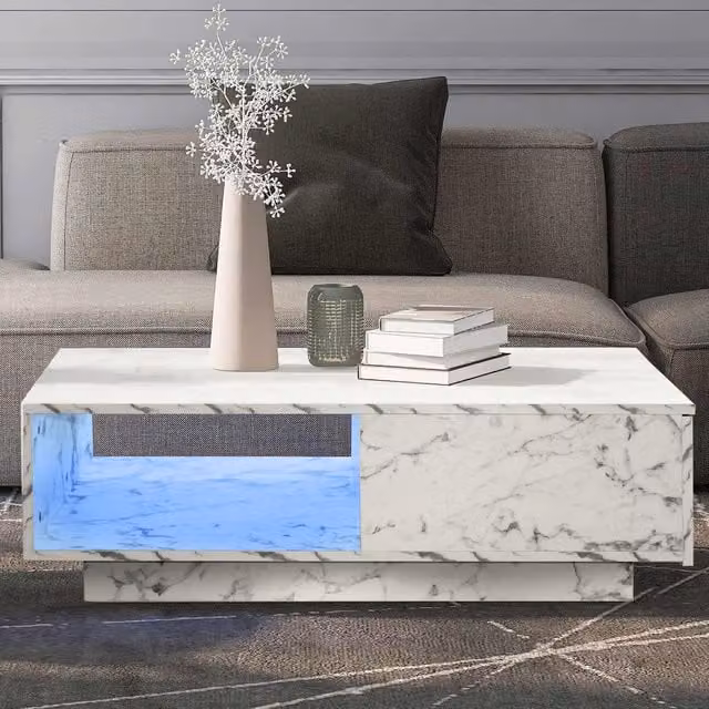 Comfy Living Modern White Marble Rectangular LED Coffee Table