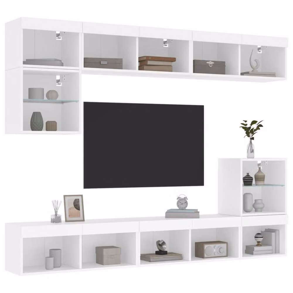 Berkfield Home 8 Piece Modern White TV Wall Unit Set with Integrated LED Lighting and Glass Doors – 4