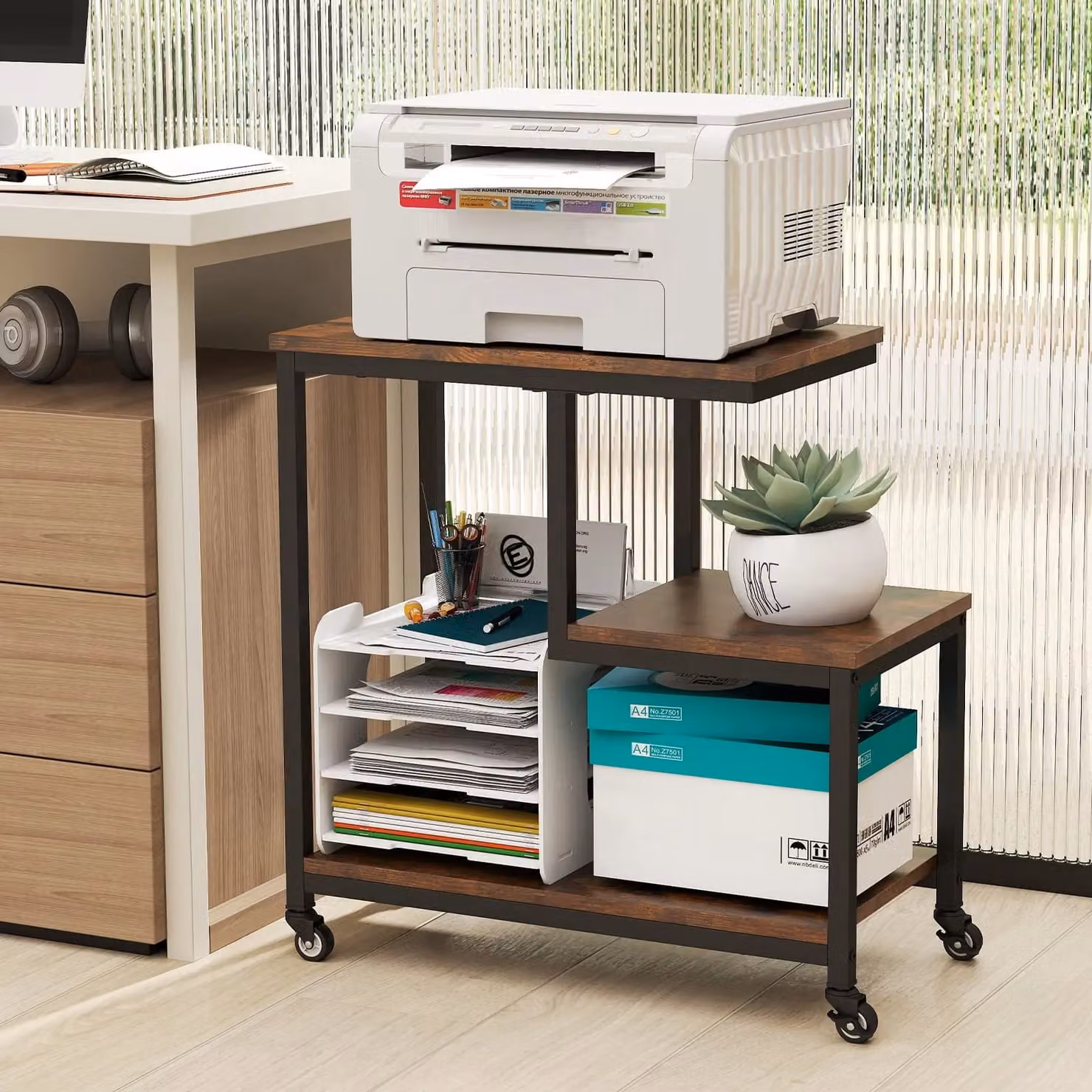 Costway G-shaped 3-Tier Mobile Side Table with Open Shelves and Castors in Brown – 5