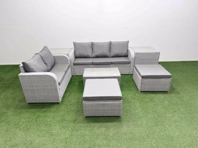 Fimous 7 Seater Grey PE Rattan Wicker Garden Furniture Set with Upholstered Cushions, 3 Seater Sofa, 2 Seater Sofa, 2 Ottomans and Rectangular Coffee Table