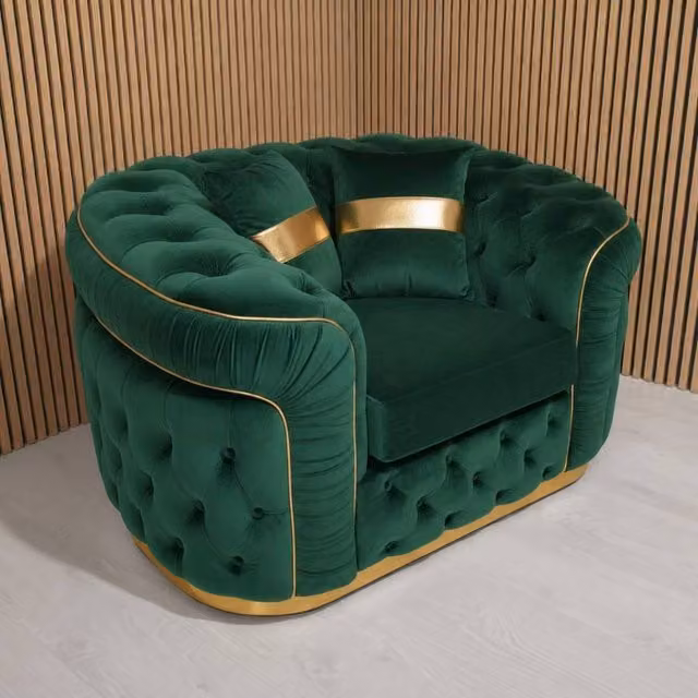 Stratus Interiors Ambassador Chesterfield Sofa in Green Plush Velvet with Gold Trim