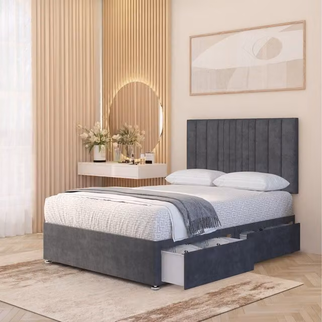 Somnior Beds Ltd Arizona Plush Velvet Orthopaedic Divan Bed Set with Hybrid Mattress and 32 inch Headboard, Grey, W/D/H: 120 x 200 cm