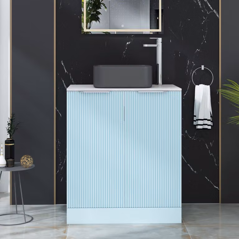 Royal Bathrooms Evora Powder Blue Fluted Floor Standing Countertop Vanity Unit with Art Square Basin and 2 Soft Close Doors
