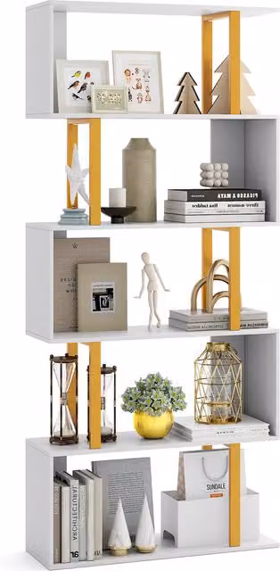 Costway 5-Tier S-Shaped Metal Bookcase in White and Gold