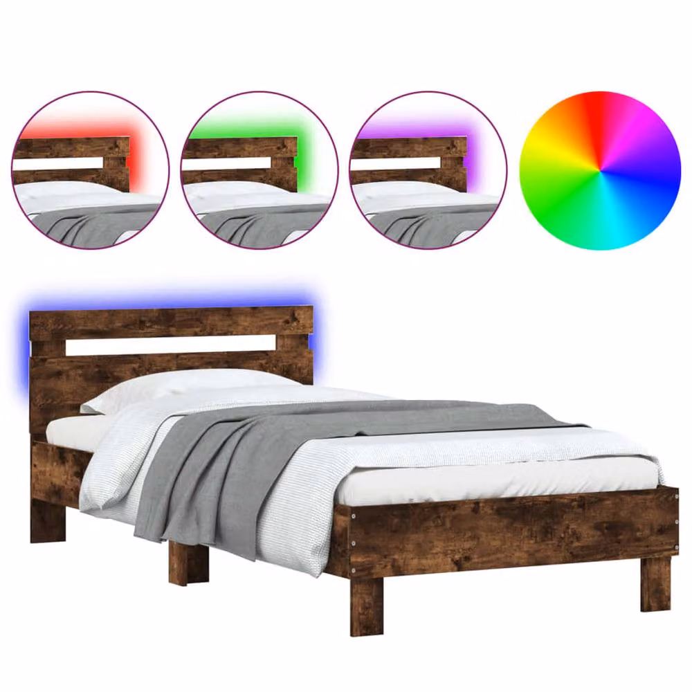 Berkfield Home Durable Bed Frame with LED Under-Bed Lighting in Smoked Oak Brown, W/D/H: 100 x 200 x 70 cm – 3