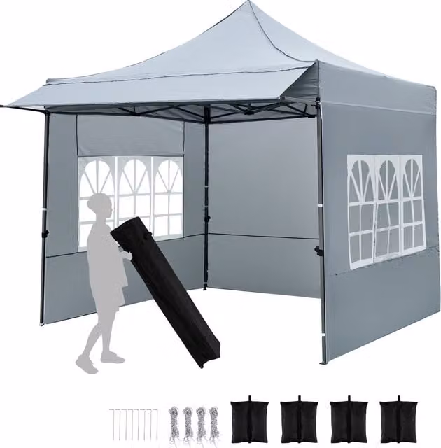 COSTWAY Pop Up Canopy Tent with 3 Sidewalls, Grey, W/D/H: 304.8 x 304.8 x 304.8 cm