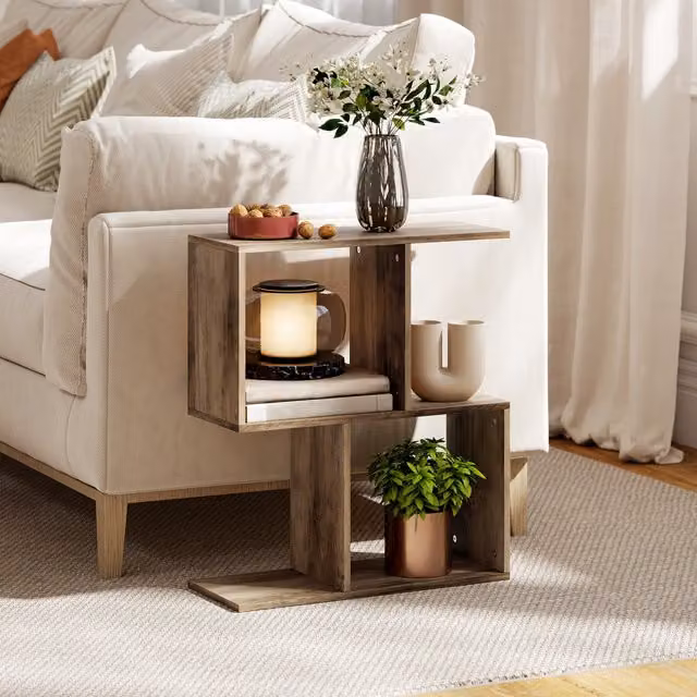 HOMCOM S-Shaped 3-Tier Narrow Side Table in Oak Wood