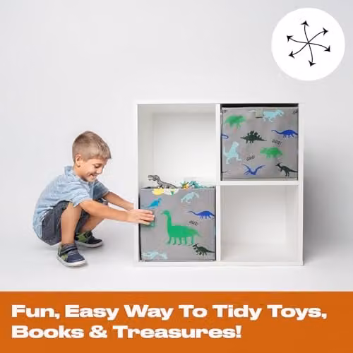 OHS Pack of 2 Dinosaur Print Foldable Cube Storage Boxes for Children, Grey, Green and Blue, W/D/H: 27.0 x 27.0 x 27.0 cm – 3