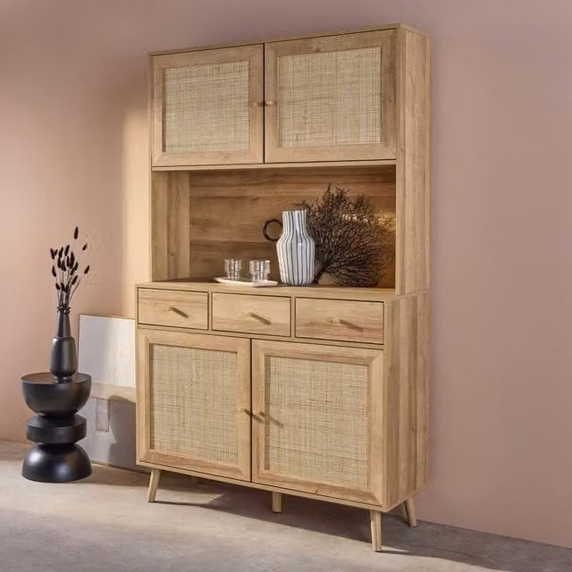 sweeek Wood and Cane Buffet with 4 Doors and 3 Drawers, Light Brown, W: 110 cm, D: 40 cm, H: 185 cm – 1