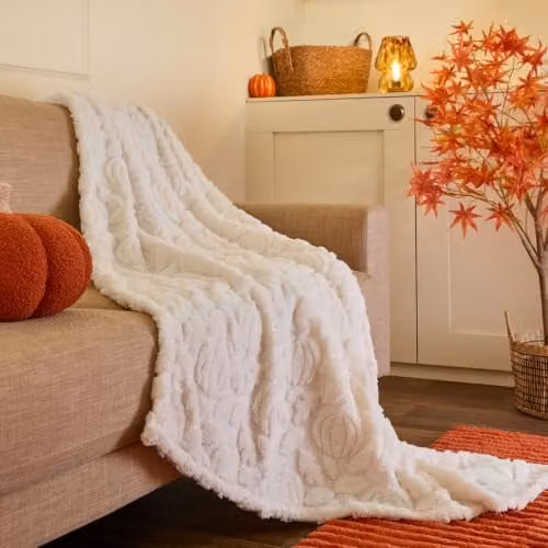 OHS Tufted Pumpkin Fleece Throw Blanket in Cream, W: 130 cm, L: 160 cm – 1