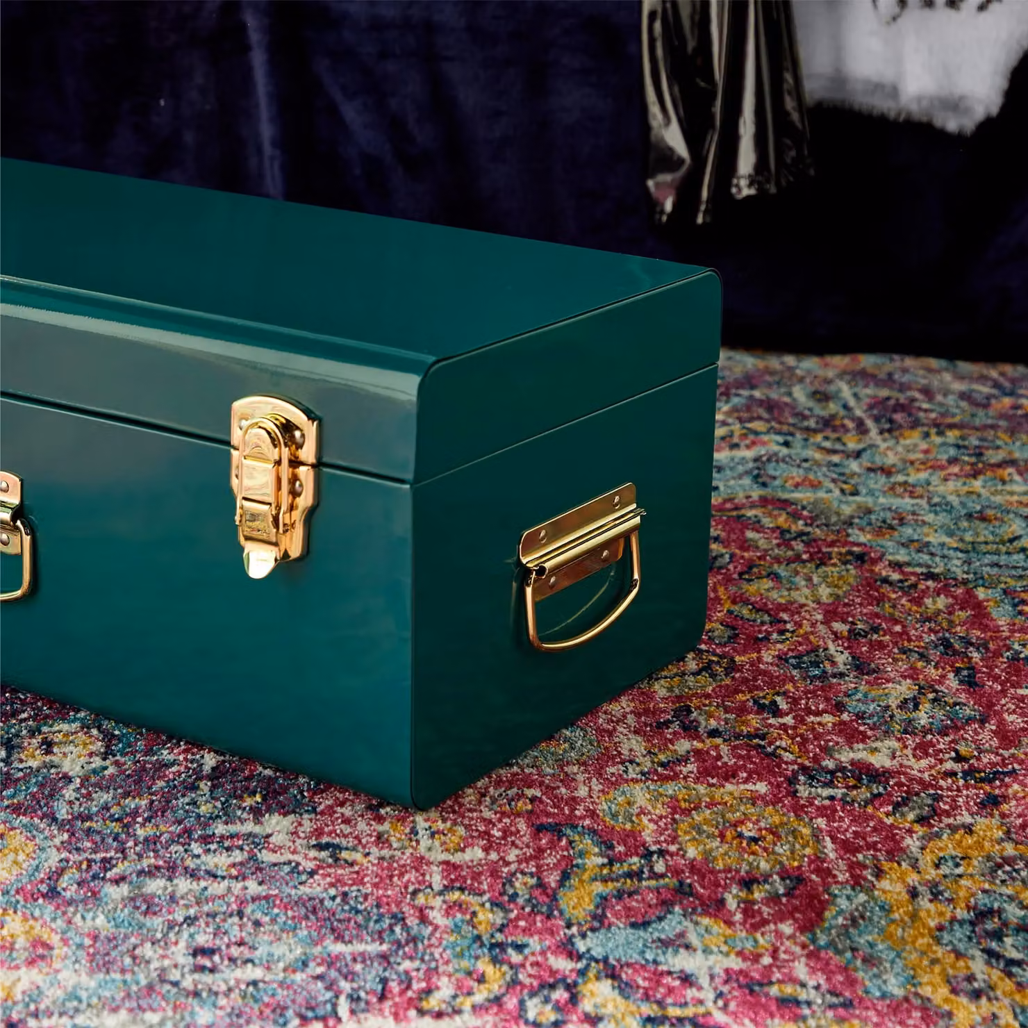 Beautify Petrol Metal Storage Trunk with Gold Hardware and Lock, W/D/H: 52 x 26 x 20 cm – 4