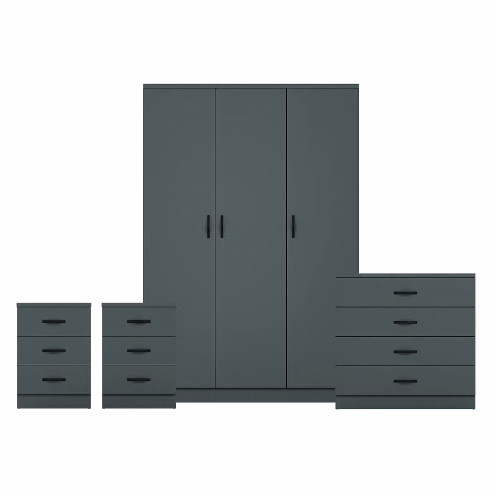 Vida Designs 4 Piece Modern Green Bedroom Set including 3 Drawer Wardrobe, 4 Drawer Chest and 2x 3 Drawer Bedside Tables – 2