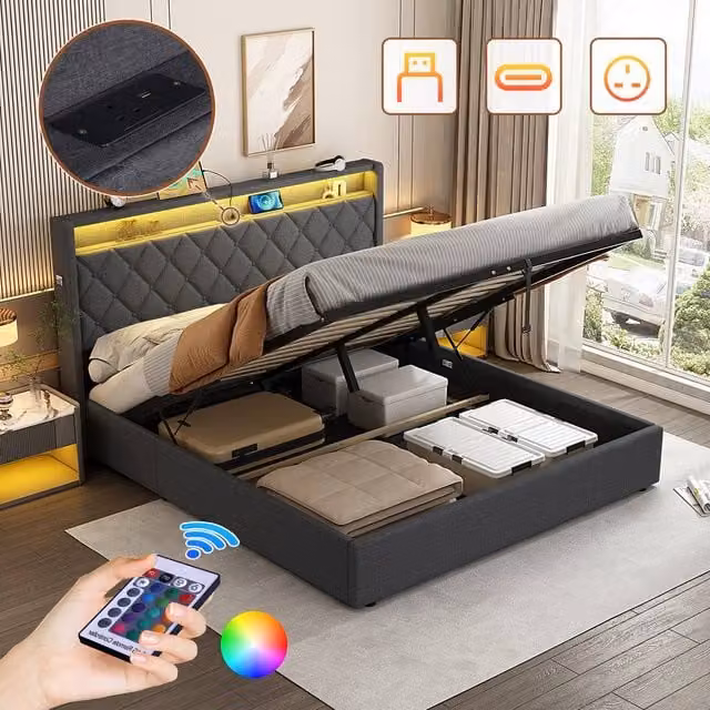 Matteo King Size Grey Linen Ottoman Bed with LED Under-Bed Lighting and USB Charging Ports, W/D/H: 180 x 200 x 120.5 cm – 1