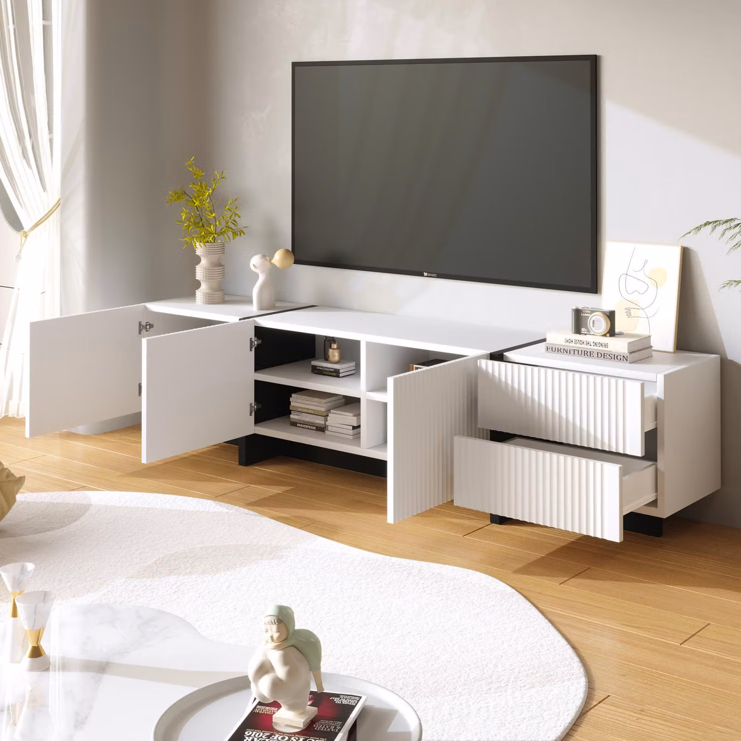 Aosom UK Minimalist TV Cabinet with Soft-Close Drawers and Media Compartments, Black and White, W: 190 cm, D: 35 cm, H: 45 cm – 4