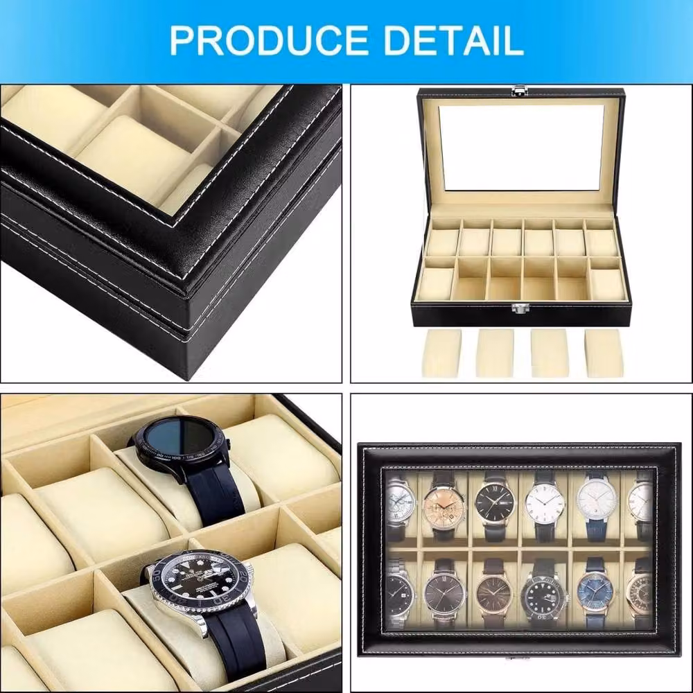 Kelvenix Black PU Leather Watch Display Case with 12 Slots and Glass Lid and Velvet Lining – 6