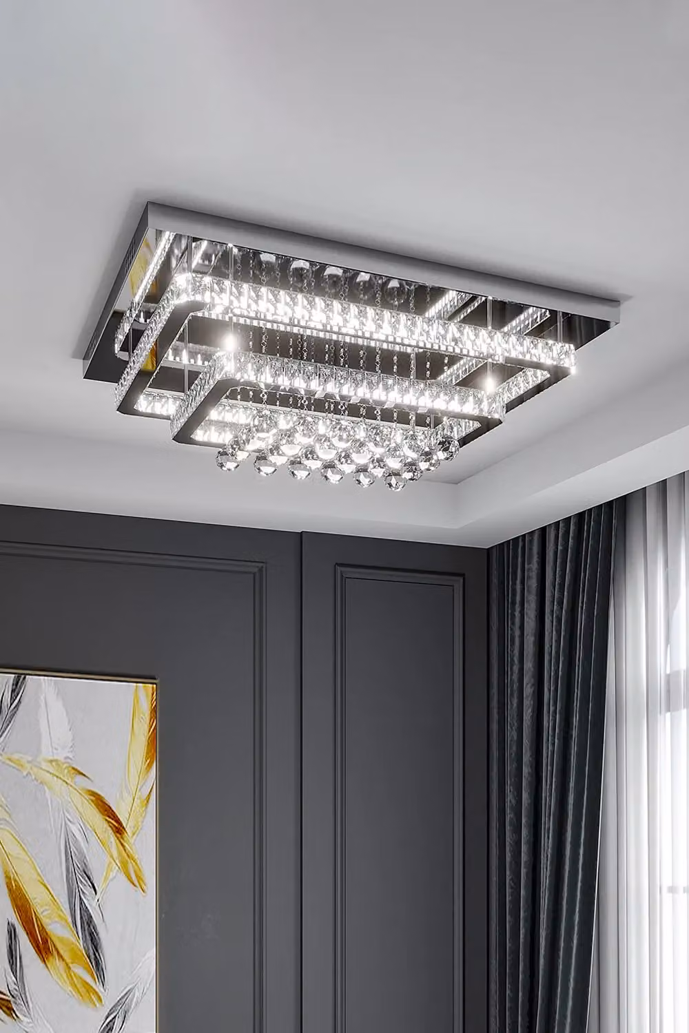 Living and Home Modern Square Crystal LED Flush Mount Ceiling Light in Silver and Chrome – 2