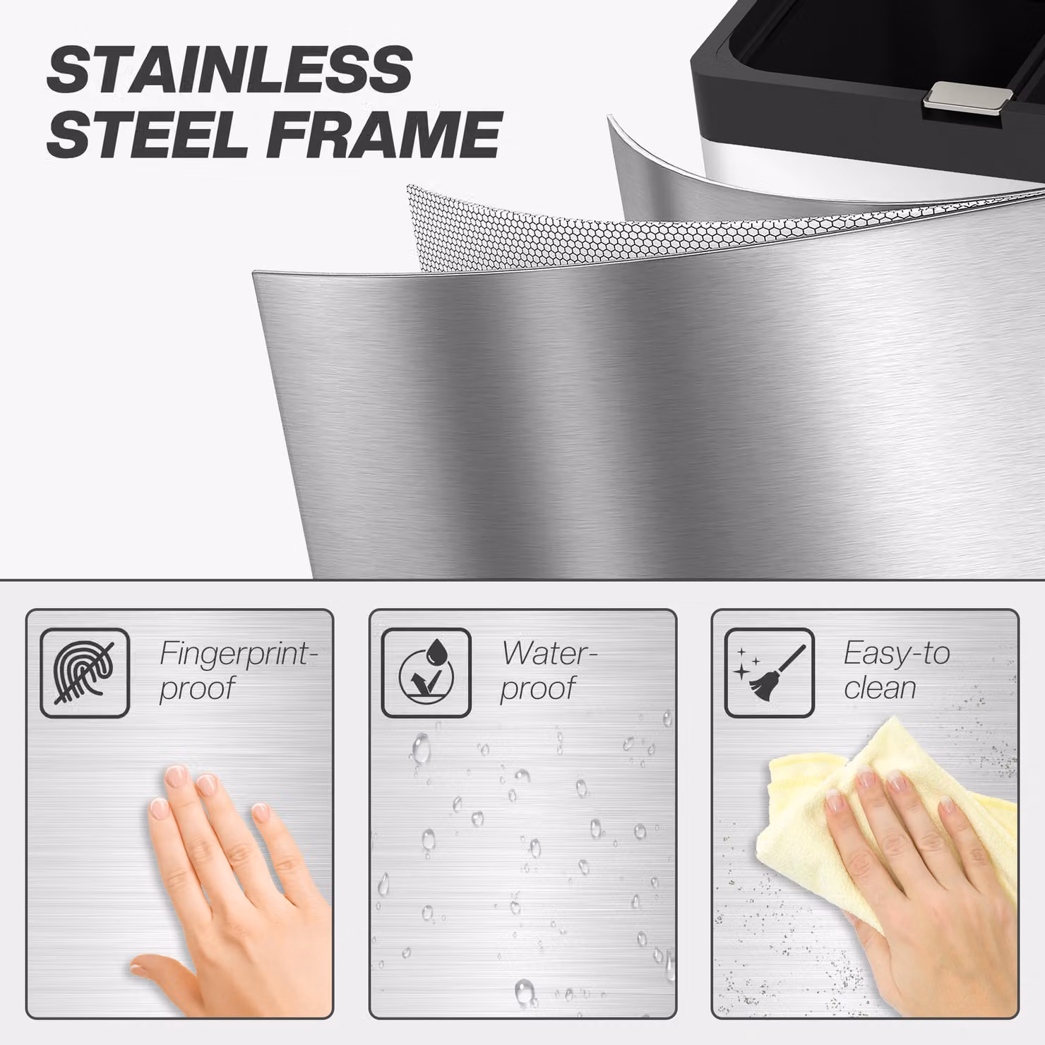 HOMCOM 56L Triple Compartment Stainless Steel Kitchen Bin with Deodoriser Holders and Wheels, Silver Tone – 7