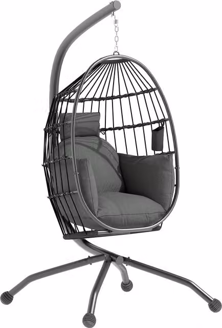 Modern Dark Grey Hanging Egg Chair with Metal Stand and Cushions