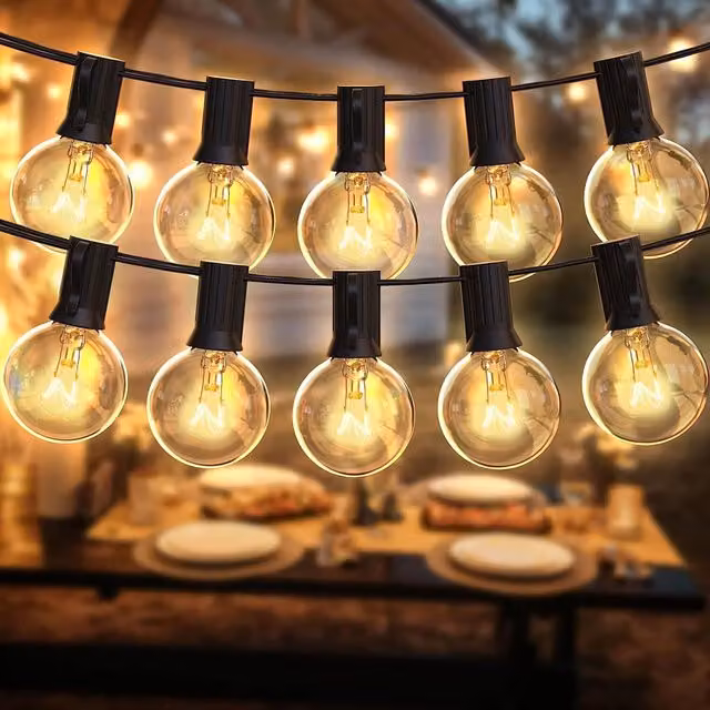 Extrastar Outdoor Garden String Lights with Warm White Sphere Bulbs, Black