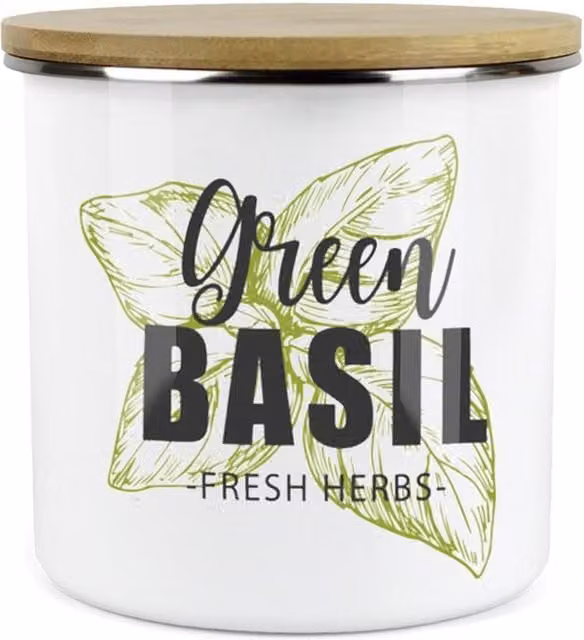 Purely Home Green Label Basil Herbs Storage Canister in White and Green Enamel Metal
