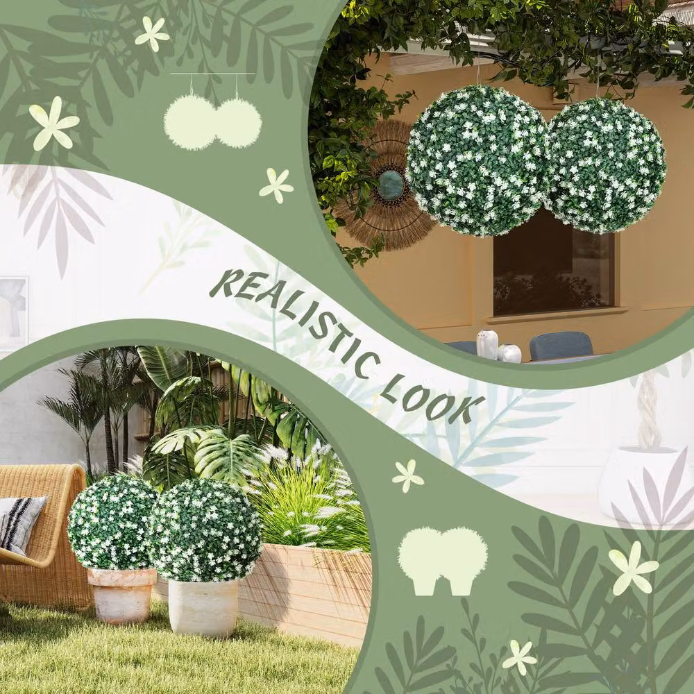 STILVORA Set of 2 Artificial Round Topiary Balls, Green and White, Diameter: 40 cm – 5