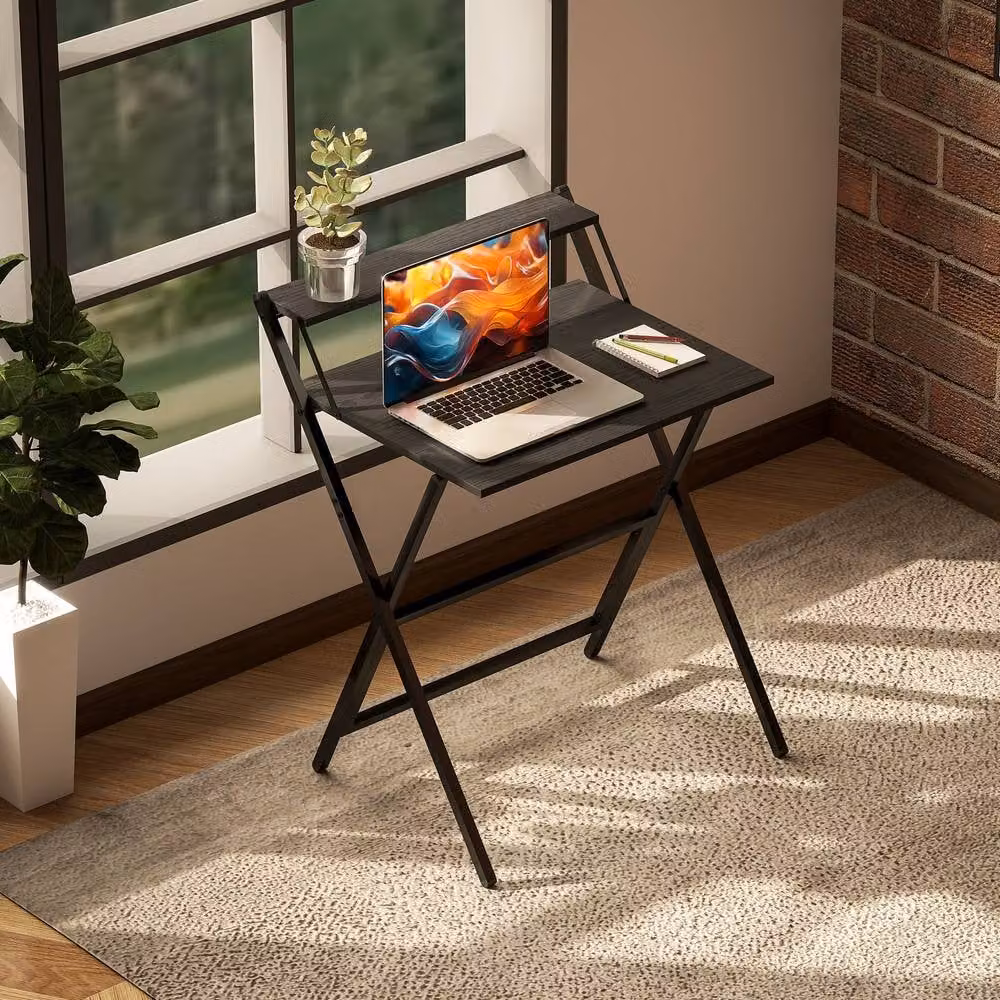 STILVORA Modern Black Metal Desk with Monitor Shelf and Folding Frame – 9