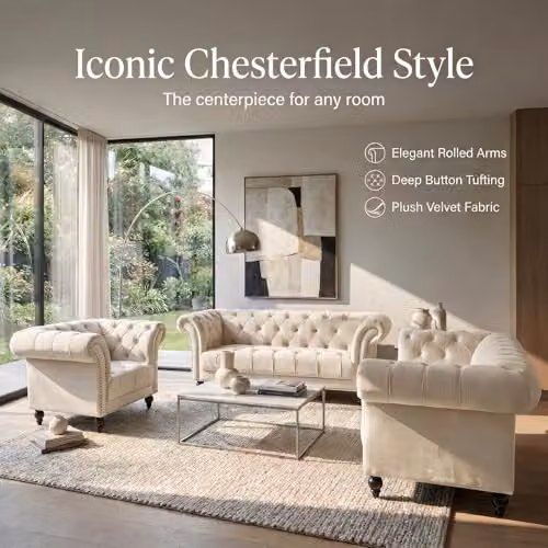 Bravich LTD 3 Piece Chesterfield Velvet Sofa Set in Cream and Beige – 3