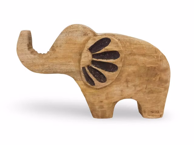 North Interiors Mini Trunk Elephant Wood Sculpture in Brown and Orange
