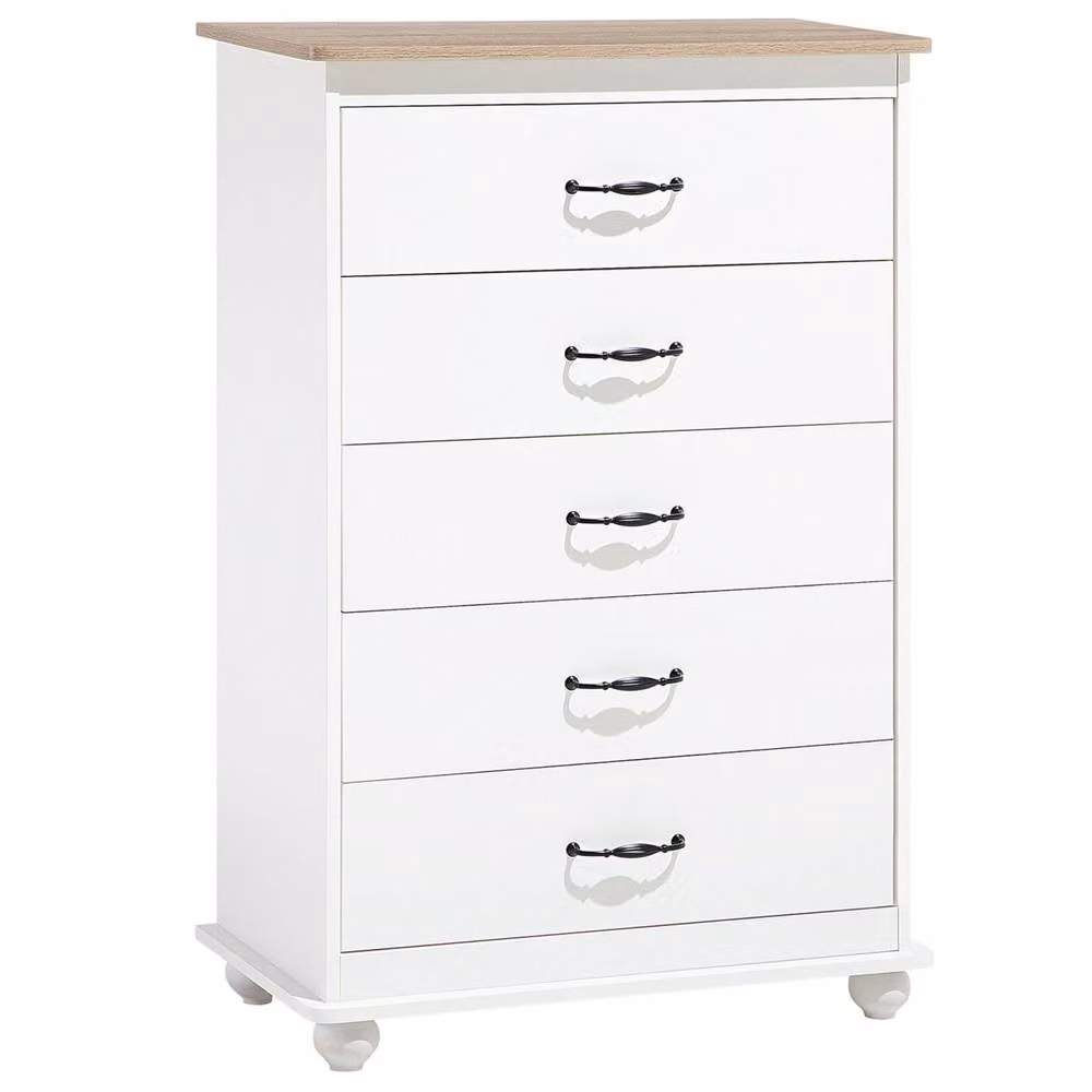 Wyld and Coco Nordic Living 5 Drawer Chest of Drawers in White with Light Wood Accents – 2