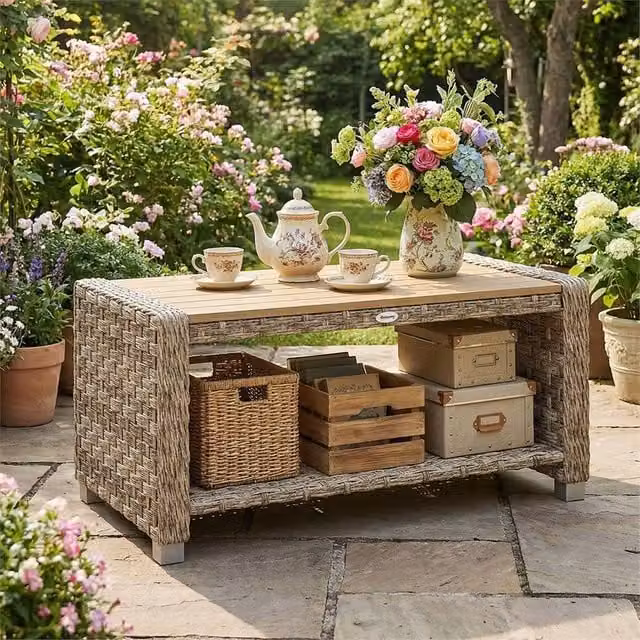 EONLION Brown Rattan Outdoor Side Table with Storage Shelf, Width: 100 cm – 1