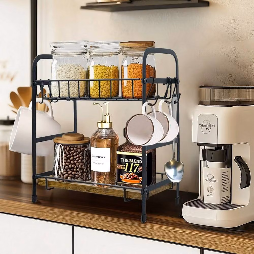 KORVIXA Brown Metal and Wood Freestanding Coffee Mug Rack with Shelf – 3