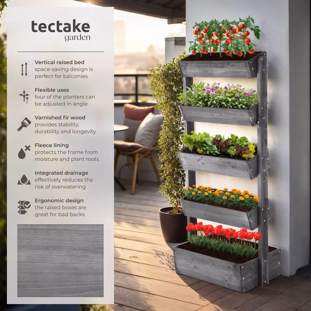 tectake Wooden Raised Bed Planter in Grey, H 180 x W 81 x D 52 cm – 2
