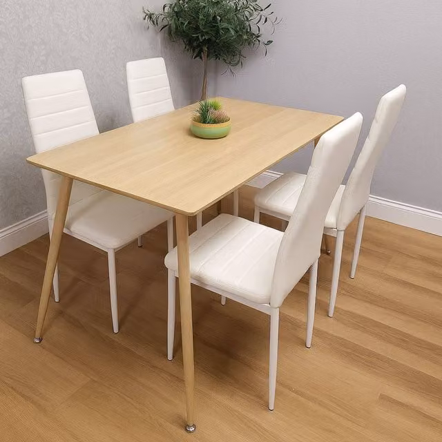 Kosy Koala Modern Rectangular Dining Table Set with 4 White Faux Leather Chairs in Brown and White – 1