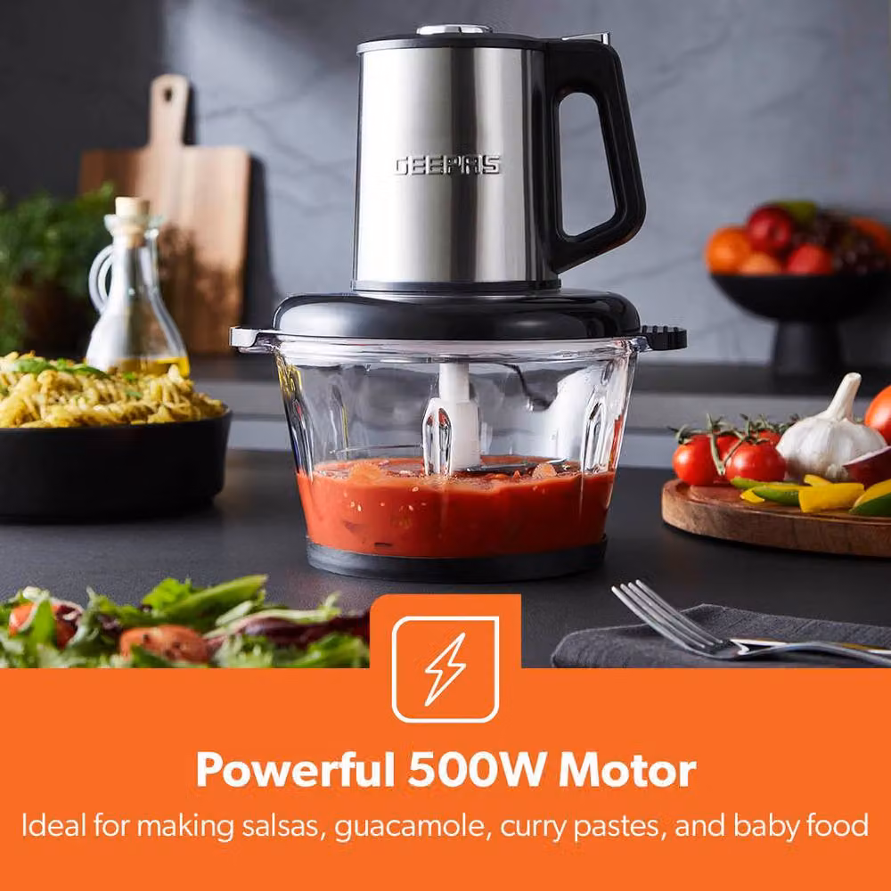 Geepas 500W Mini Food Processor and Meat Grinder with 2L Glass Jar, Multicolour – 3