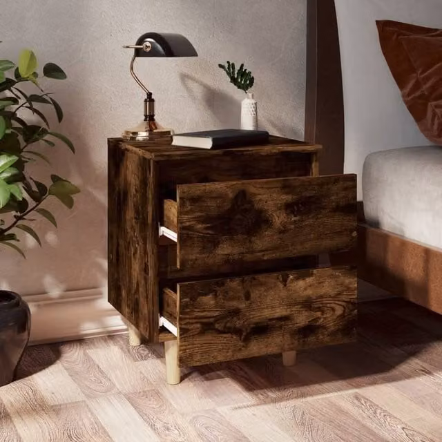 Berkfield Home Sturdy Bed Cabinets with Solid Wood Legs, 2 Pack, Smoked Oak Brown, W: 40 cm, D: 35 cm, H: 50 cm