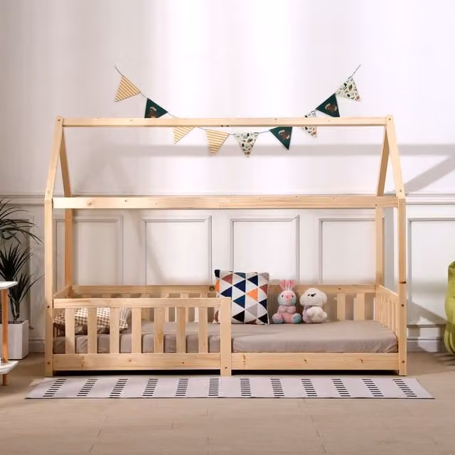 HMD Furniture Solid Pine House Frame Childrens Bed in Natural