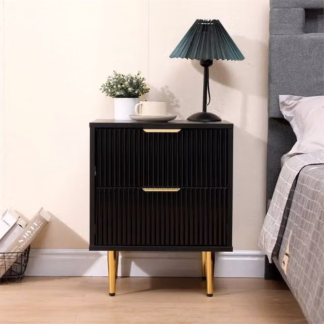 Nordara Black Fluted 2 Drawer Bedside Cabinet with Gold Metal Legs – 1