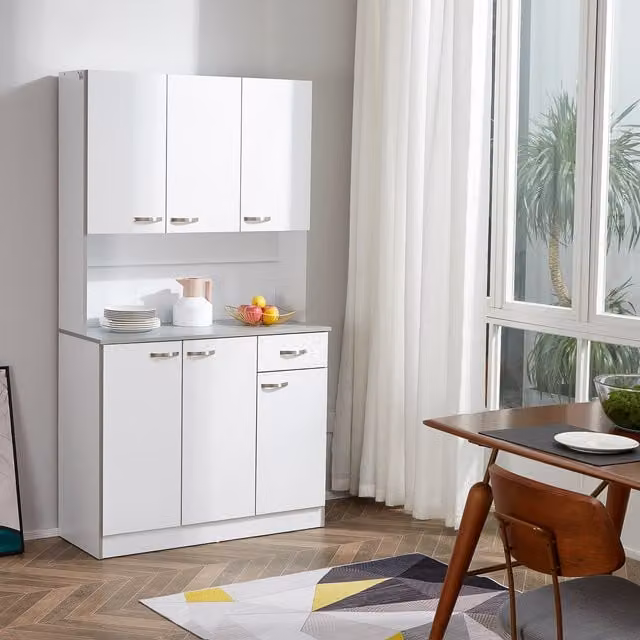 HOMCOM Modern Freestanding Kitchen Cupboard with Doors, Drawers and Open Shelves in White and Grey