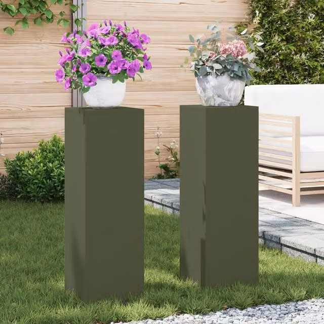 Berkfield Home Outdoor Plant Stand Pillar Set of 2 in Olive Green Steel, W/D/H: 24 x 24 x 75 cm