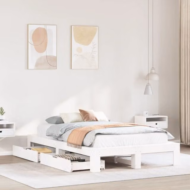 Berkfield Home Small Double Solid Wood Pine Bed Frame with Drawers, White, W/D/H: 120 x 190 cm