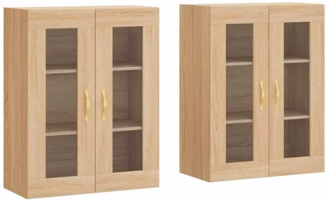 Berkfield Home Wall Mounted Cabinets with Glass Doors, 2 Piece Set in Sonoma Oak and Light Tan