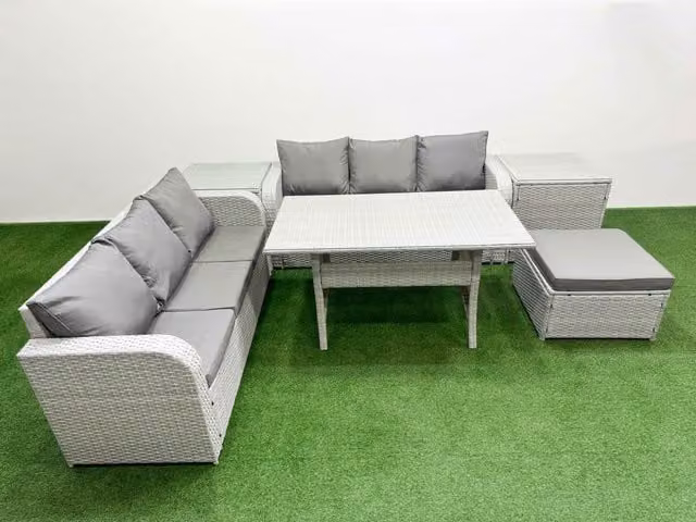 Fimous 7 Seater Grey Wicker Rattan Garden Furniture Set with Rectangular Dining Table, High Back Lounge Sofa and Large Footstool