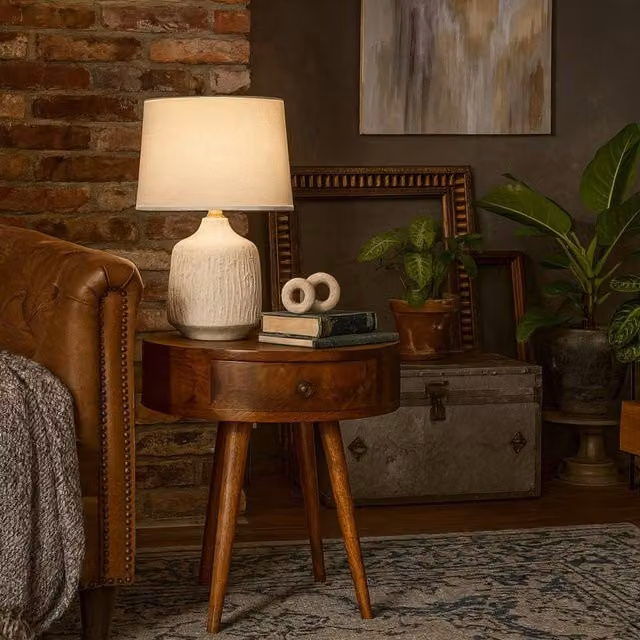 Wyld Haus Collioure Chestnut Mango Wood Semi Circle Bedside Table with Drawer in Brown
