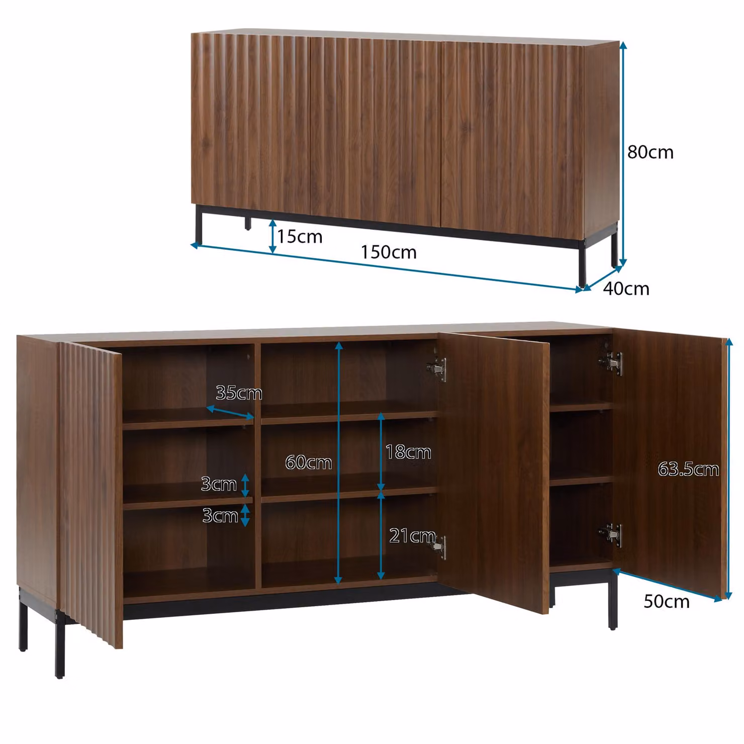 Aosom UK Mid-Century Sideboard with 3D Wave Design and Steel Legs, 3-Door Cabinet with Adjustable Shelves, Brown, W: 150 cm, D: 40 cm, H: 80 cm – 3