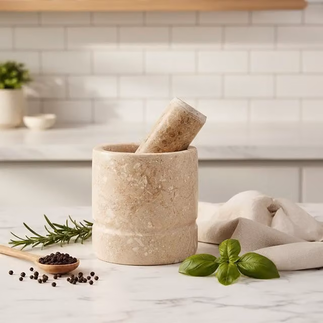 Orsina Marmore Round Marble Mortar and Pestle in White and Beige