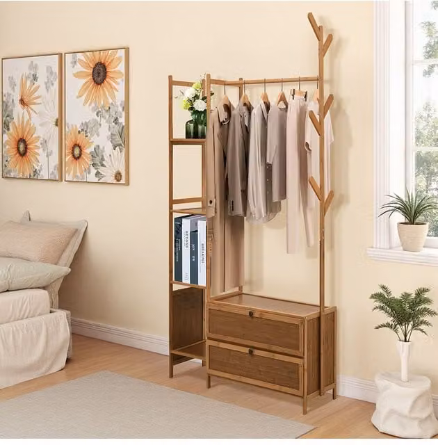 Living and Home Freestanding Bamboo Clothes Rack with Storage Shelves in Brown – 1