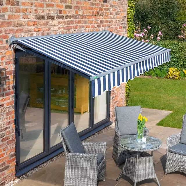Primrose Half Cassette Garden Patio Awning with Charcoal Aluminium Frame, Blue and White Stripe, Width: 300 cm